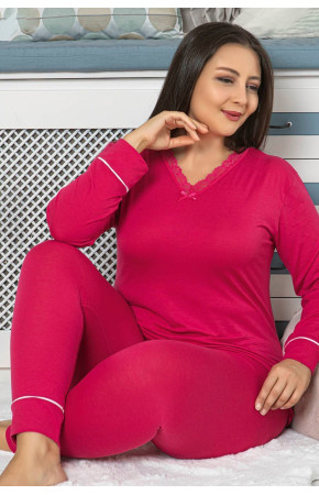 Kadın Fuşya Renk Uzun Kollu  Jenika 42026 Battal Büyük Beden Pijama Takımı