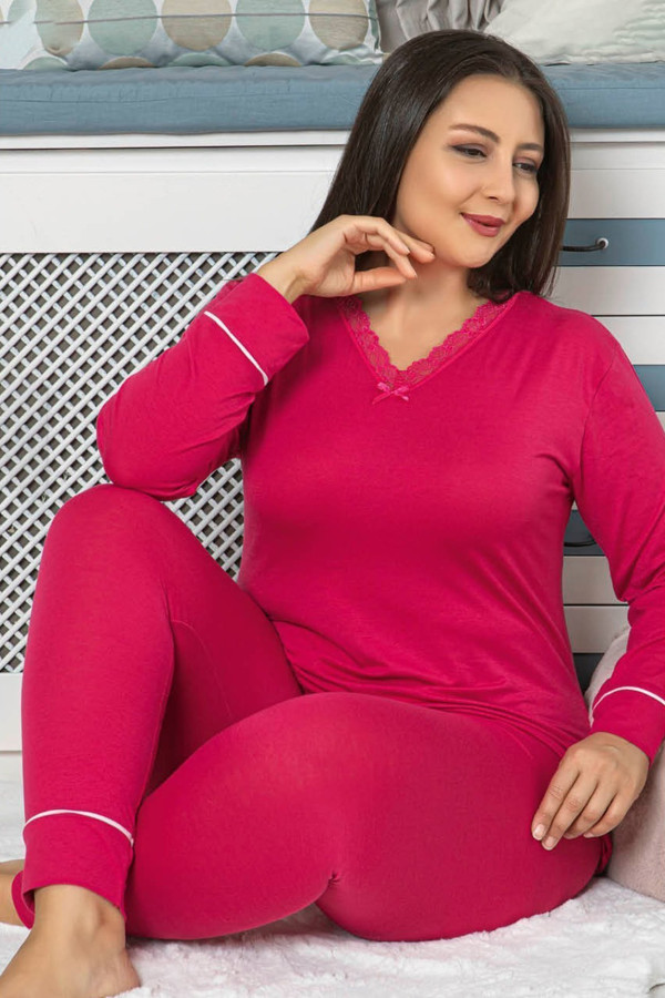 Kadın Fuşya Renk Uzun Kollu  Jenika 42026 Battal Büyük Beden Pijama Takımı-Lady