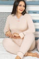 Kadın Krem Renk Uzun Kollu Jenika 42035 Battal Büyük Beden Pijama Takımı-Lady