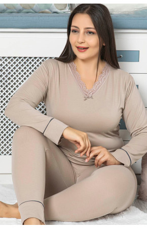 Kadın Bej Renk Uzun Kollu Jenika 42054 Büyük Beden Pijama Takımı