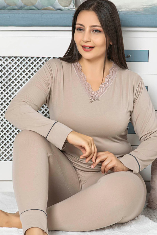 Kadın Bej Renk Uzun Kollu Jenika 42054 Büyük Beden Pijama Takımı-Lady