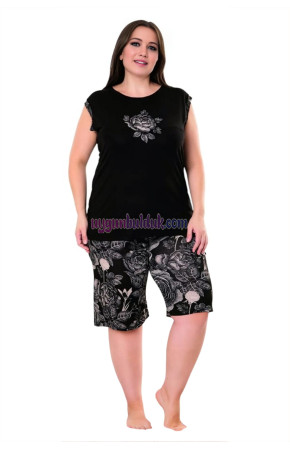 Rahat ve Şık Kadın Lady 10404 Çiçekli Desen Siyah Renk Büyük Beden Şortlu Anne Pijama Takımı Rahat ve Şık Kadın Lady 10404 Çiçekli Desen Siyah Renk Büyük Beden Şortlu Anne Pijama Takımı