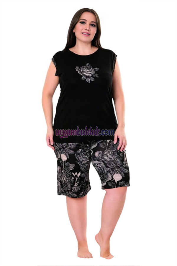 Rahat ve Şık Kadın Lady 10404 Çiçekli Desen Siyah Renk Büyük Beden Şortlu Anne Pijama Takımı, 8509990009946, Lady Pijama Takımı, 8509990009946