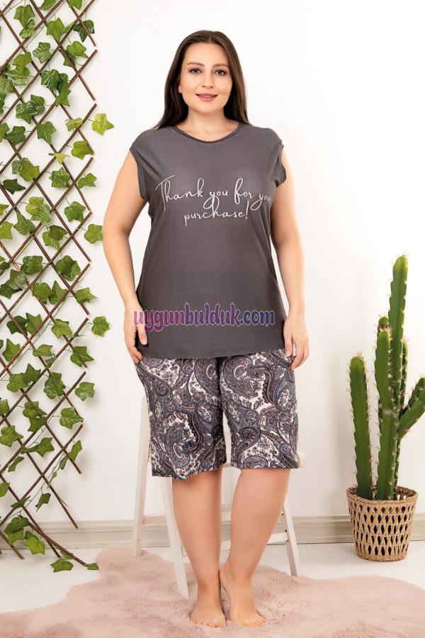 Rahat ve Şık Kadın Lady 10414 Çiçek ve Şal Desenli Füme Renk Büyük Beden Şortlu Anne Pijama Takımı, QS-LADY-10414-2XL, Lady Pijama Takımı, QS-LADY-10414-2XL