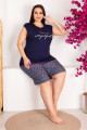 Lacivert Renk Desenli Kısa Kol Lady 10418 Büyük Beden Battal Boy Şortlu Pijama Takım, QS-LADY-10418-2XL, Lady Pijama Takımı, QS-LADY-10418-2XL