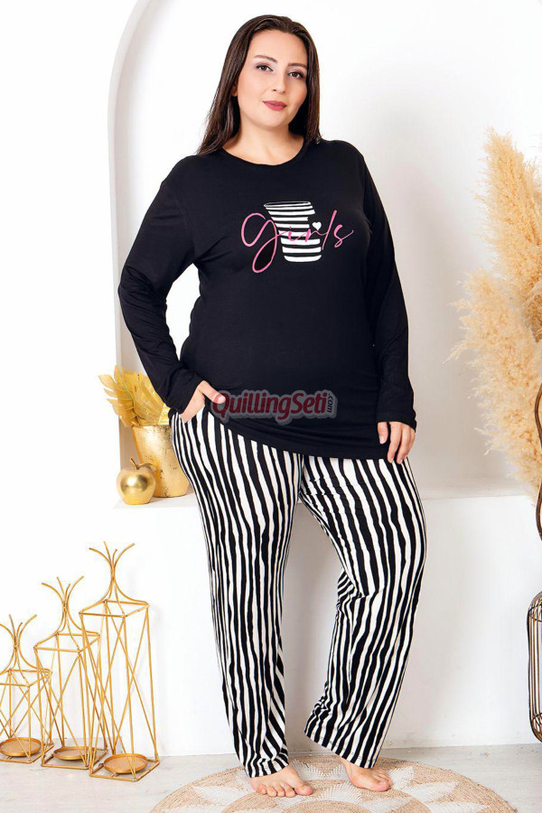 Siyah Renkli ve Çizgili Desen Uzun Kollu Lady 11398 Kadın Büyük Beden Anne Pijama Takımı, Battal Pijama, 8509990006679, Büyük Beden (Battal Boy) Pijama Takımları, 8509990006679