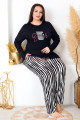 Siyah Renkli ve Çizgili Desen Uzun Kollu Lady 11398 Kadın Büyük Beden Anne Pijama Takımı, Battal Pijama, 8509990006679, Büyük Beden (Battal Boy) Pijama Takımları, 8509990006679