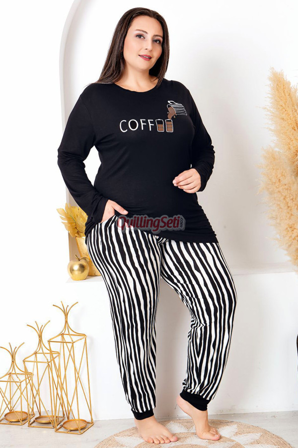 Siyah Renkli ve Çizgili Desen Uzun Kollu Lastikli Paça Lady 11402 Kadın Büyük Beden Anne Pijama Takımı, Battal Pijama, 8509990006709, Büyük Beden (Battal Boy) Pijama Takımları, 8509990006709