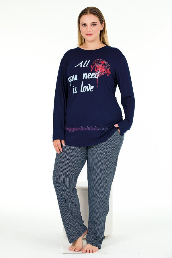 Lacivert Renkli ve Desenli Uzun Kollu Lady 11396 Kadın Büyük Beden Anne Pijama Takımı, Battal Pijama, 8509990005269, Büyük Beden (Battal Boy) Pijama Takımları, 8509990005269