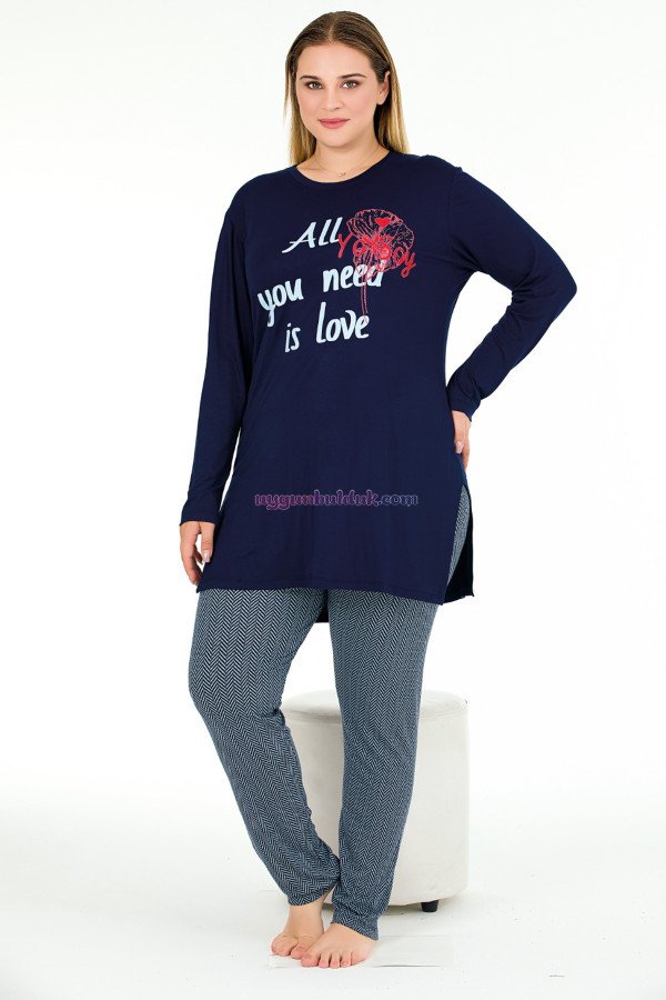 Lacivert Renkli ve Desenli Uzun Kollu Lady 11401 Kadın Büyük Beden Anne Pijama Takımı, Battal Pijama, 8509990005276, Büyük Beden (Battal Boy) Pijama Takımları, 8509990005276