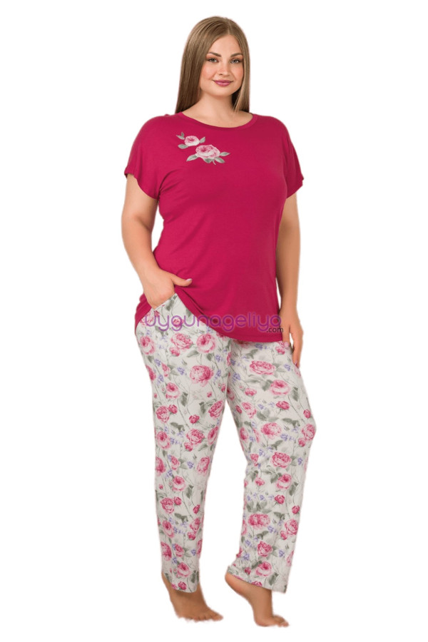 Bordo Renk ve Çiçek Desenli LADY 10895 Kadın Kısa Kol Büyük Beden Pijama Takımı, ELİT0010895-2XL, Büyük Beden (Battal Boy) Pijama Takımları, ELİT0010895-2XL