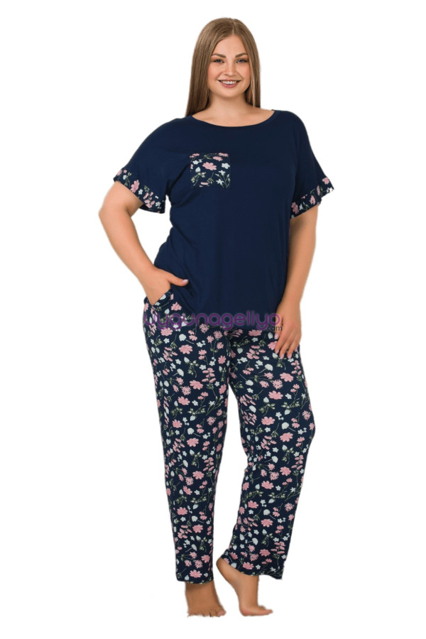 Lacivert Renk ve Çiçek Desenli LADY 10896 Kadın Kısa Kol Büyük Beden Pijama Takımı-Lady