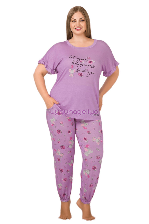 Lila Renk ve Çiçek Desenli LADY 10897 Kadın Kısa Kol Büyük Beden Pijama Takımı, ELİT0010897-2XL, Büyük Beden (Battal Boy) Pijama Takımları, ELİT0010897-2XL