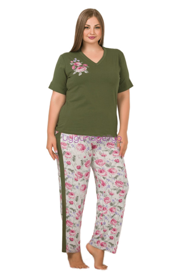 Haki Yeşil Renk ve Çiçek Desenli Lady 10898 Kadın Kısa Kol Büyük Beden Pijama Takımı, ELİT0010898-2XL, Büyük Beden (Battal Boy) Pijama Takımları, ELİT0010898-2XL
