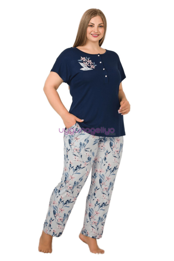 Lacivert Renk ve Çiçek Desenli Lady 10901 Kadın Kısa Kol Büyük Beden Pijama Takımı