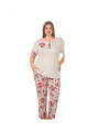 Krem Renk ve Çiçek Desenli 10903 Kadın Kısa Kol Lady Büyük Beden Pijama Takımı