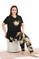 Siyah Renk ve Çiçek Desenli 10908 Kadın Kısa Kol Lady Büyük Beden Pijama Takımı