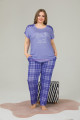 Mavi Renk ve Ekose Desen LADY-10859 Kadın Kısa Kol Büyük Beden Pijama Takımı-Lady