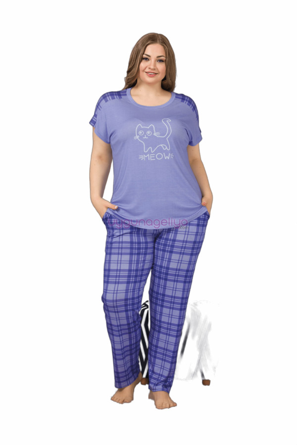 Mavi Renk ve Ekose Desen LADY-10859 Kadın Kısa Kol Büyük Beden Pijama Takımı-Lady