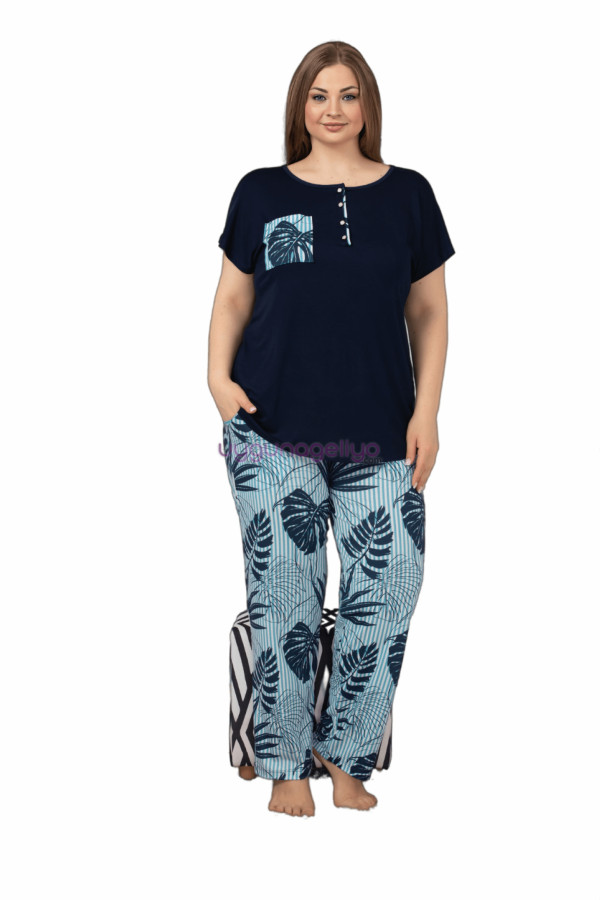 Mavi-Lacivert Renk ve Çiçek Desenli LADY-10860 Kadın Kısa Kol Büyük Beden Pijama Takımı-Lady