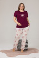 Mürdüm Renk ve Çiçek Desenli LADY-10863 Kadın Kısa Kol Büyük Beden Pijama Takımı-Lady
