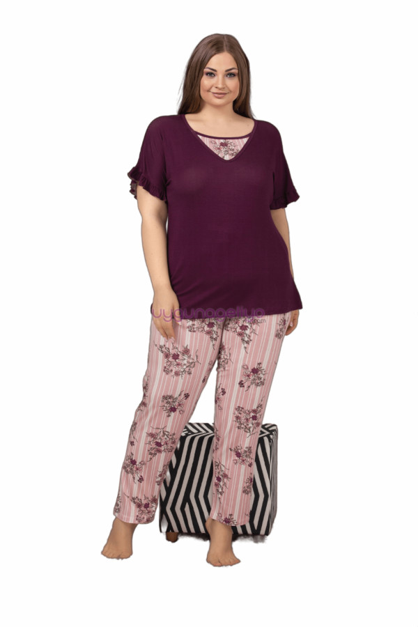 Mürdüm Renk ve Çiçek Desenli LADY-10864 Kadın Kısa Kol Büyük Beden Pijama Takımı-Lady