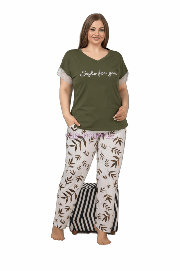 Haki Yeşil Renk ve Çiçek Desenli LADY-10866 Kadın Kısa Kol Büyük Beden Pijama Takımı-Lady