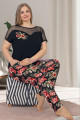 Siyah Renk ve Kırmızı Çiçek Desenli LADY-10871 Kadın Kısa Kol Büyük Beden Pijama Takımı-Lady