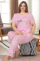 Pembe Renk ve Çiçek Desenli LADY-10872 Kadın Kısa Kol Büyük Beden Pijama Takımı-Lady