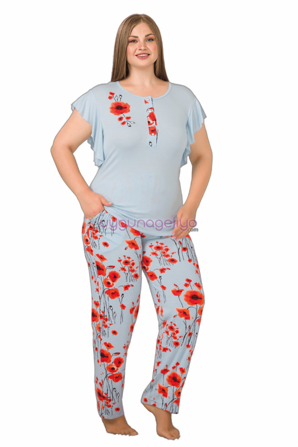 Mavi Renk ve Çiçek Desenli LADY-10877Kadın Kısa Kol Büyük Beden Pijama Takımı-Lady