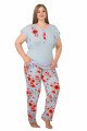 Mavi Renk ve Çiçek Desenli LADY-10877Kadın Kısa Kol Büyük Beden Pijama Takımı 
