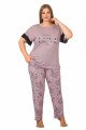 Lila Renk ve Çiçek Desenli LADY-10879 Kadın Kısa Kol Büyük Beden Pijama Takımı 