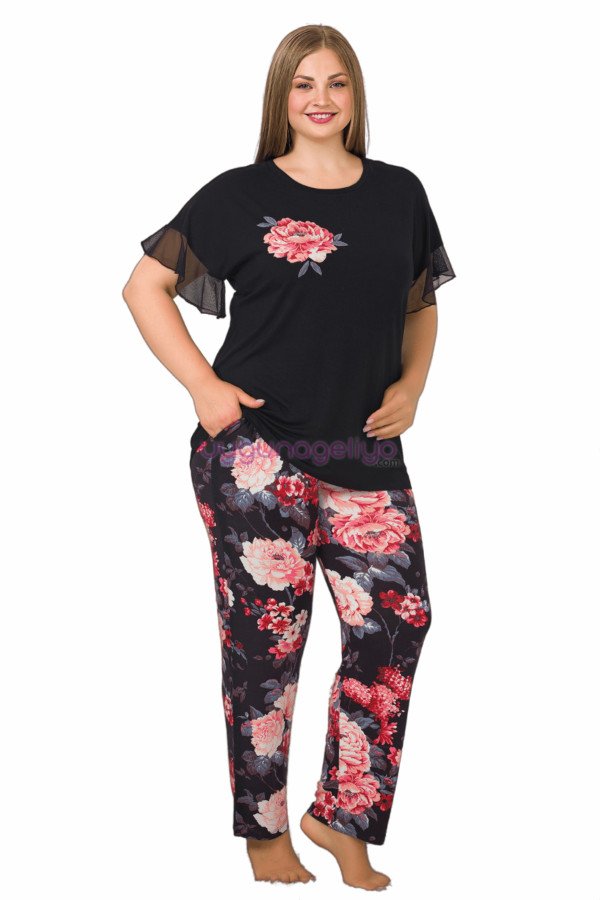 Siyah Renk ve Çiçek Desenli LADY-10887 Kadın Kısa Kol Büyük Beden Pijama Takımı Siyah Renk ve Çiçek Desenli LADY-10887 Kadın Kısa Kol Büyük Beden Pijama Takımı, Lady-10887, Büyük Beden (Battal Boy) Pijama Takımları