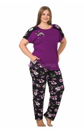 Mor Renk ve Çiçek Desenli LADY-10899 Kadın Kısa Kol Büyük Beden Pijama Takımı 
