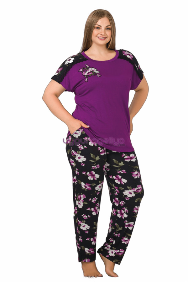 Mor Renk ve Çiçek Desenli LADY-10899 Kadın Kısa Kol Büyük Beden Pijama Takımı, ELİT0010899-2XL, Büyük Beden (Battal Boy) Pijama Takımları, ELİT0010899-2XL