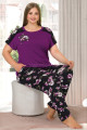Mor Renk Ve Çiçek Desen Lady-10899 Kadın Kısa Kol Büyük Beden Pijama Takımı