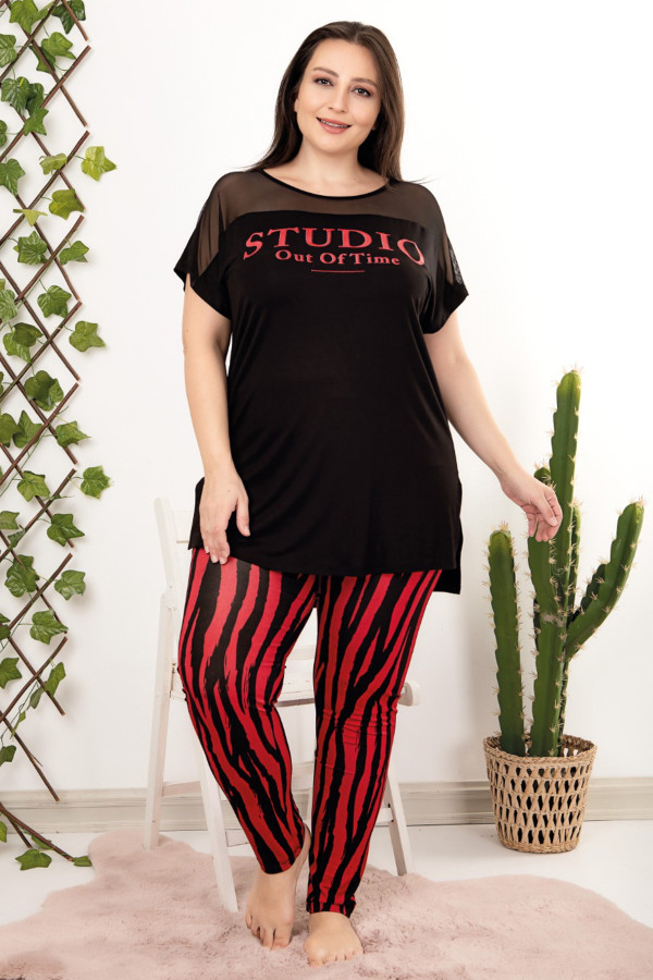 Siyah Kırmızı Renk Çizgili Desenli Lady 10957 Kadın Kısa Kol Büyük Beden Pijama Takımı, LADY-10957-2XL, Büyük Beden (Battal Boy) Pijama Takımları, LADY-10957-2XL