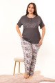 Füme Renk Çiiçek Desenli Lady 10969 Kadın Kısa Kol Büyük Beden Pijama Takımı