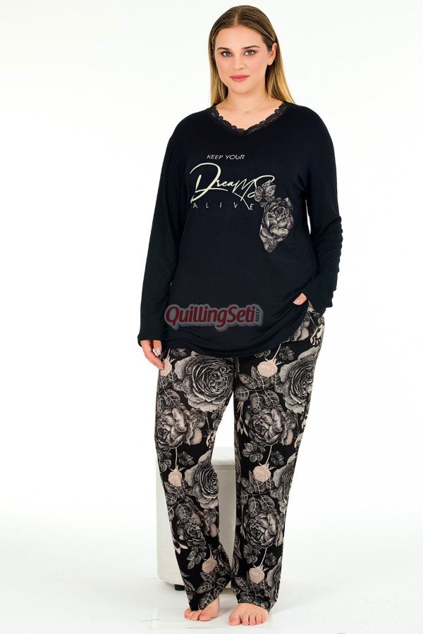 Siyah Renkli ve Çiçek Desenli Uzun Kollu Lady 11381 Kadın Büyük Beden Anne Pijama Takımı, Battal Pijama Siyah Renkli ve Çiçek Desenli Uzun Kollu Lady 11381 Kadın Büyük Beden Anne Pijama Takımı, Battal Pijama