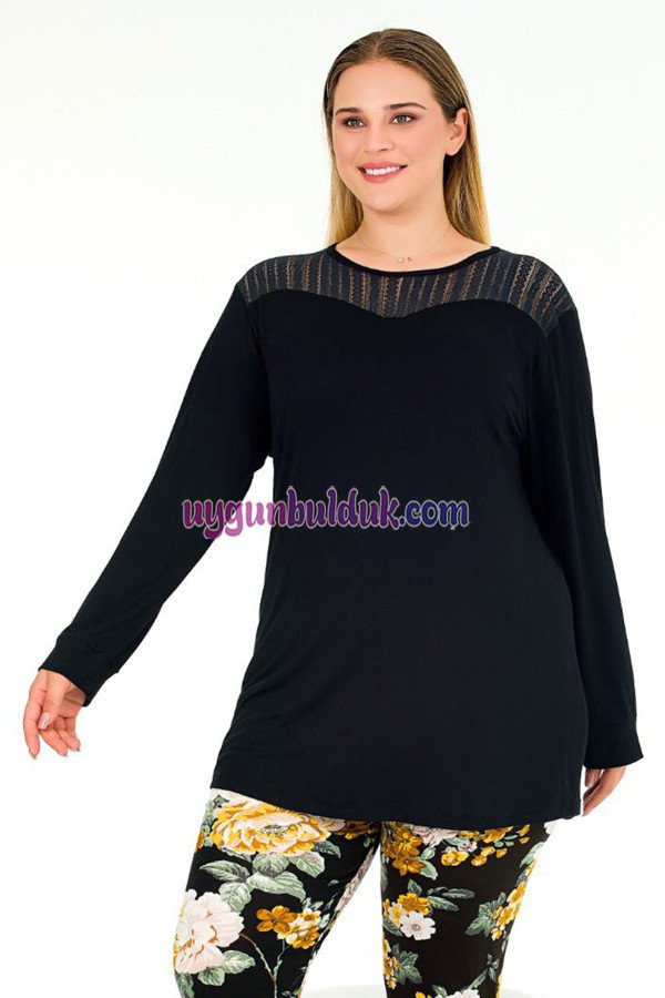 Siyah Renkli Çiçek Desenli Uzun Kollu Lady 11391 Kadın Büyük Beden Anne Pijama Takımı, Battal Pijama