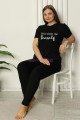 Siyah Renk ve Önü Yazılı P-3510 Kadın Teknur Büyük Beden Anne Pijama Takımı, ELİT0P3510, Teknur Pijama Takımı
