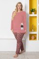 Gül Kurusu Renk ve Kedi Figürlü79063 Modal Kumaş Teknur Kadın Büyük Beden Anne Pijama Takımı 