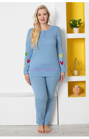 Mavi Renk ve Kalp Figürlü79074 Modal Kumaş Teknur Kadın Büyük Beden Anne Pijama Takımı 