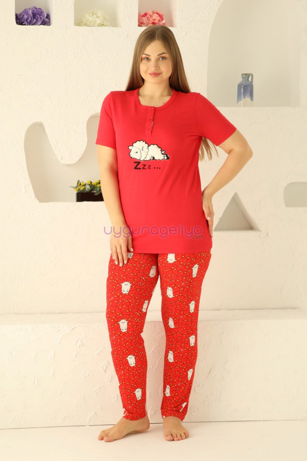 Kırmızı Renk ve Kuzu Desenli 79501 Modal Kısa Kol Teknur Kadın Büyük Beden Anne Pijama Takımı-Teknur