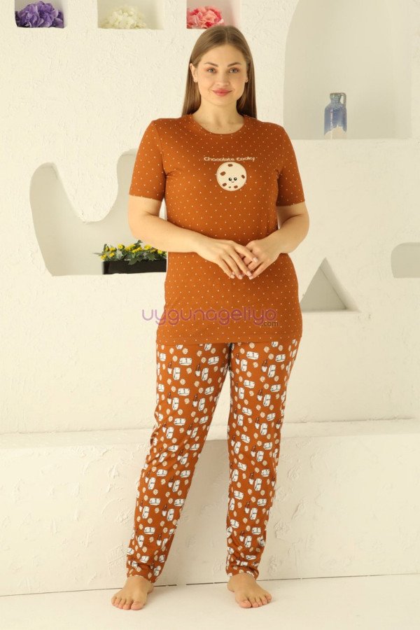 Kahverengi ve Puantiye Desenli 79502 Modal Kısa Kol Teknur Kadın Büyük Beden Anne Pijama Takımı, TKNR-79502, Teknur Pijama Takımı