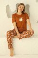 Kahverengi ve Puantiye Desenli 79502 Modal Kısa Kol Teknur Kadın Büyük Beden Anne Pijama Takımı, TKNR-79502, Teknur Pijama Takımı