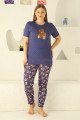 Lacivert Renk ve Ayıcık Desenli 79504 Modal Kısa Kol Teknur Kadın Büyük Beden Anne Pijama Takımı 