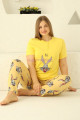 Sarı Renk ve Tavşan Desenli 79511 Modal Kumaş Teknur Kadın Büyük Beden Anne Pijama Takımı-Teknur