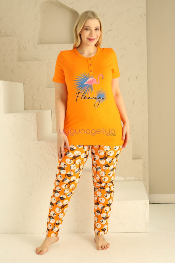 Sarı Renk ve Flamingo Desenli 79520 Modal Kumaş Teknur Kadın Büyük Beden Anne Pijama Takımı-Teknur