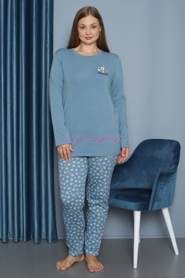 Mavi Renk Yuvarlak Yaka Teknur P3059 Uzun Kol Pamuklu Büyük Beden Kadın Pijama Takımı, TEKNUR-P3059, Teknur Pijama Takımı